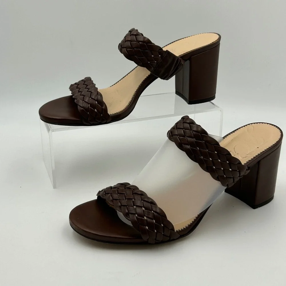 J.Crew Braided Leather Block Heel Sandals Womens 8 Brown Mules Quiet Luxury Boho